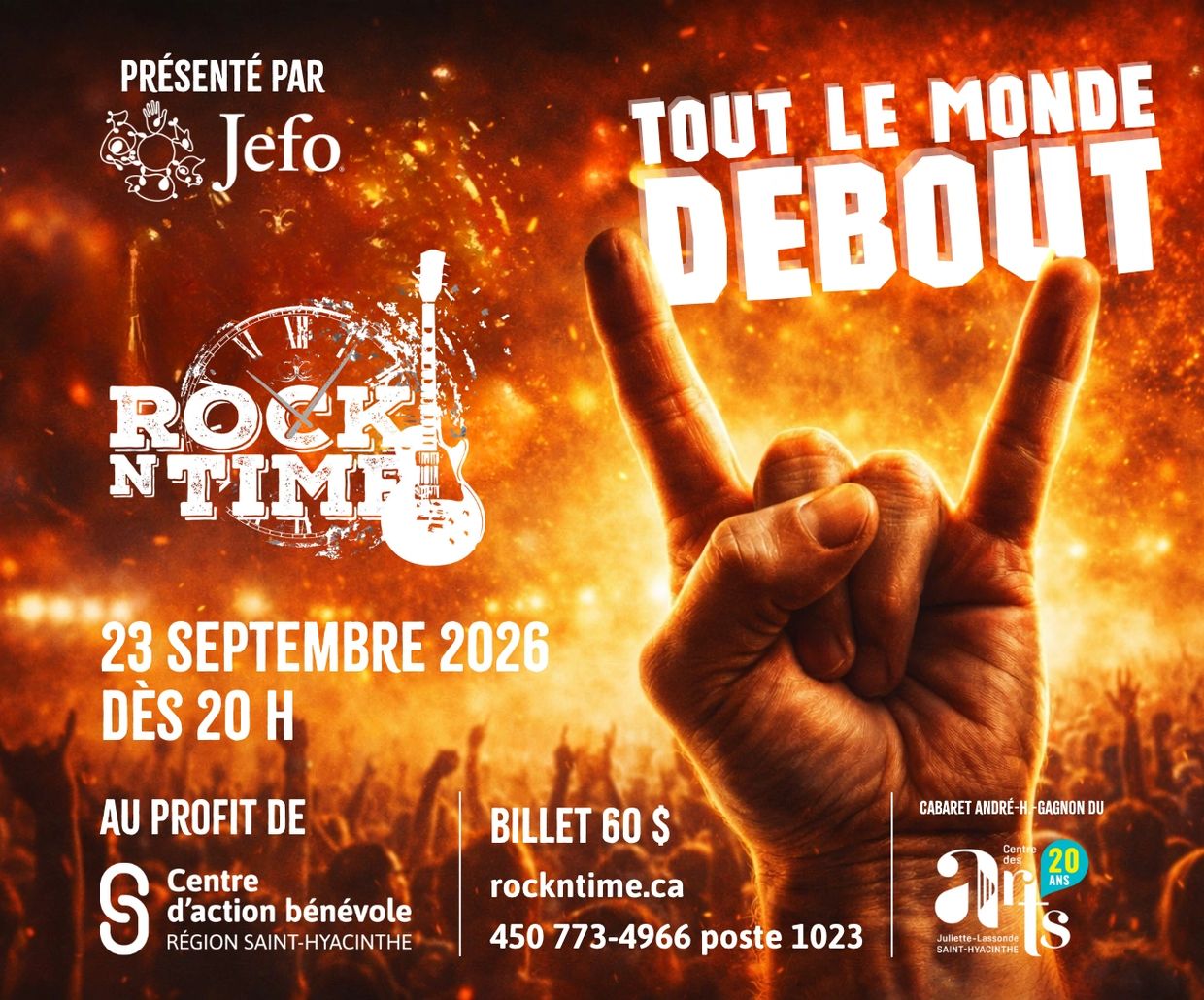 Affiche d'un concert rock le 23 septembre 2026 avec un public et un signe de la main 'rock'.