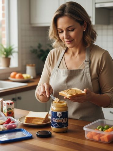 Mujer preparando tostada con crema de maní para el desayuno