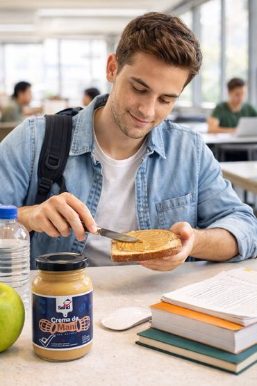 Estudiante untando crema de maní en una tajada de pan