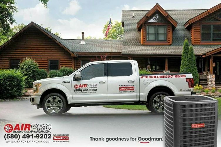 Image of Air Pro Heat and Air Conditioner Service and Repair truck at a house in Ponca City, OK