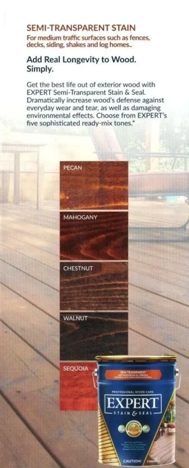 EXPERT Semi-Transparent Stain enhances wood's durability with five tones for medium traffic surfaces.