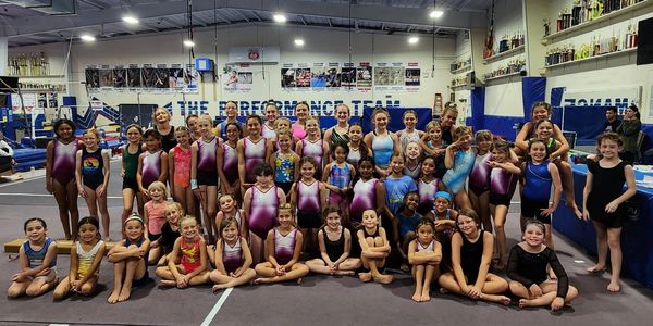 Large group of young gymnasts posing in a gym.
