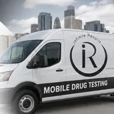 Mobile drug testing van with city backdrop.