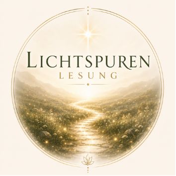 A glowing path through a serene landscape with the text 'Lichtspuren Lesung'.