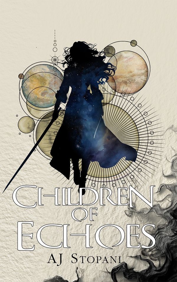 Children of Echoes book cover featuring the silhouetted of a young woman with a long sword against g