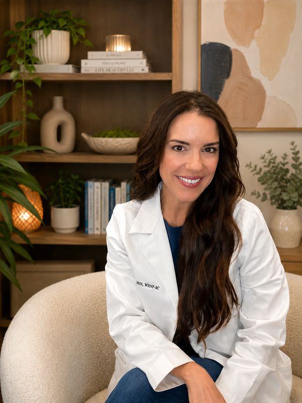 Smiling woman in a white medical coat sitting in an office.