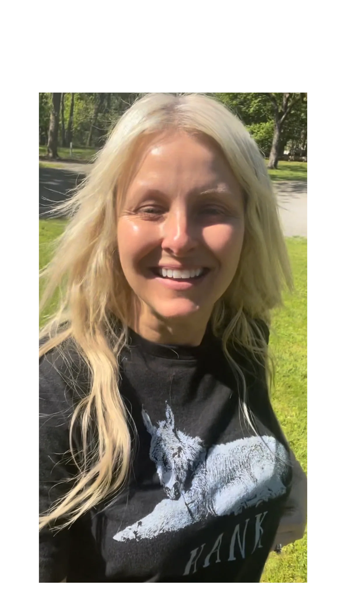 Tabatha Martin, owner of Triple Brook Farm, wearing a donkey shirt