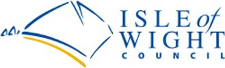 Isle of wight council logo in blue depicting outline of the island and the needles
