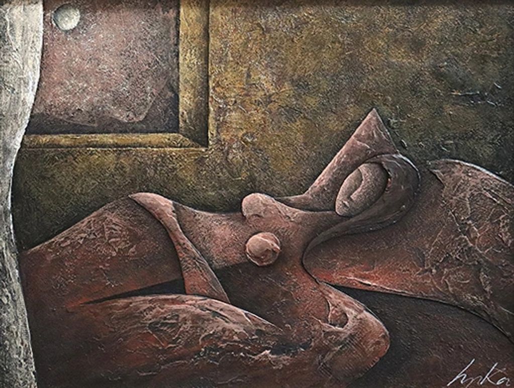 Abstract textured painting of a reclining figure.