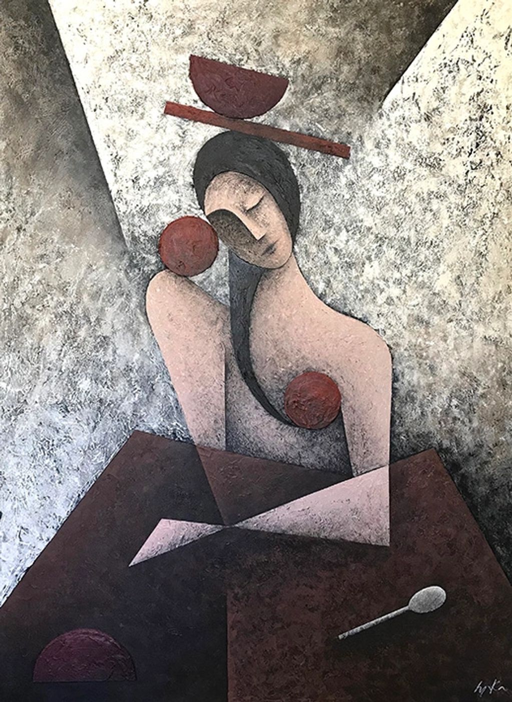 abstract nude woman sitting at head of table balancing bowl on her head