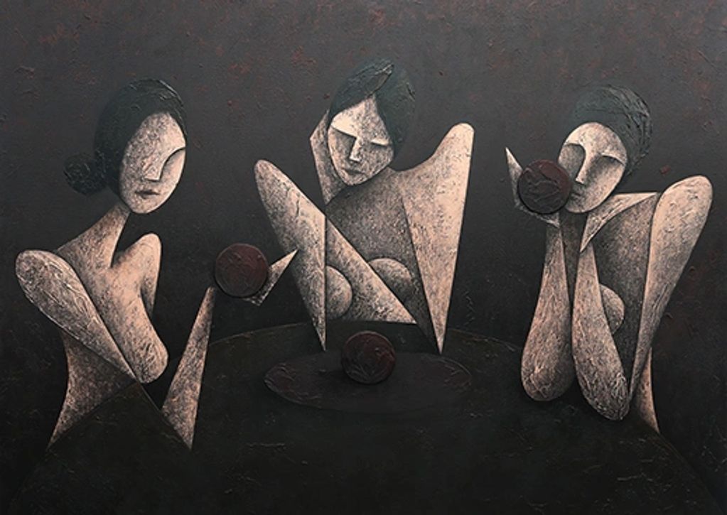 3 abstract nude women at semi round table art