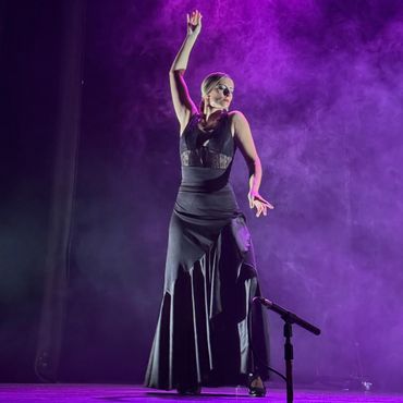 Flamenco dancer in a dramatic pose on stage with purple lighting.