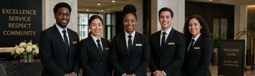 Group of five smiling hotel staff in uniform.