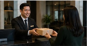 Hotel receptionist handing a gift box to a guest.