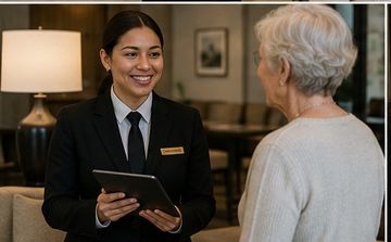 Hotel staff assisting an elderly woman.