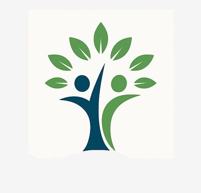 Abstract tree with human figures and green leaves symbolizing growth and unity.