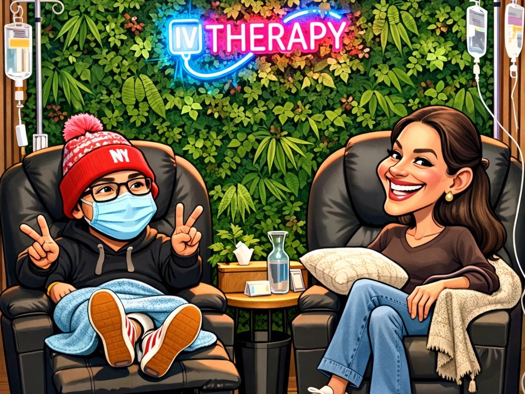 Two people receiving IV therapy, one wearing a mask and beanie, both smiling in comfortable chairs.