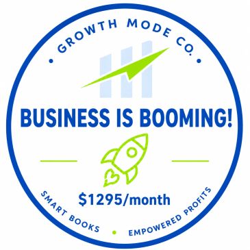 Business growth promotion badge with rocket and earnings info.