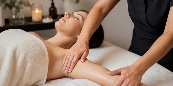 Woman enjoying a relaxing arm massage at a spa.