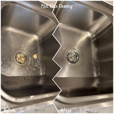 Before ➜ After. A spotless sink, restored to shine by F&E Elite Cleaning.
