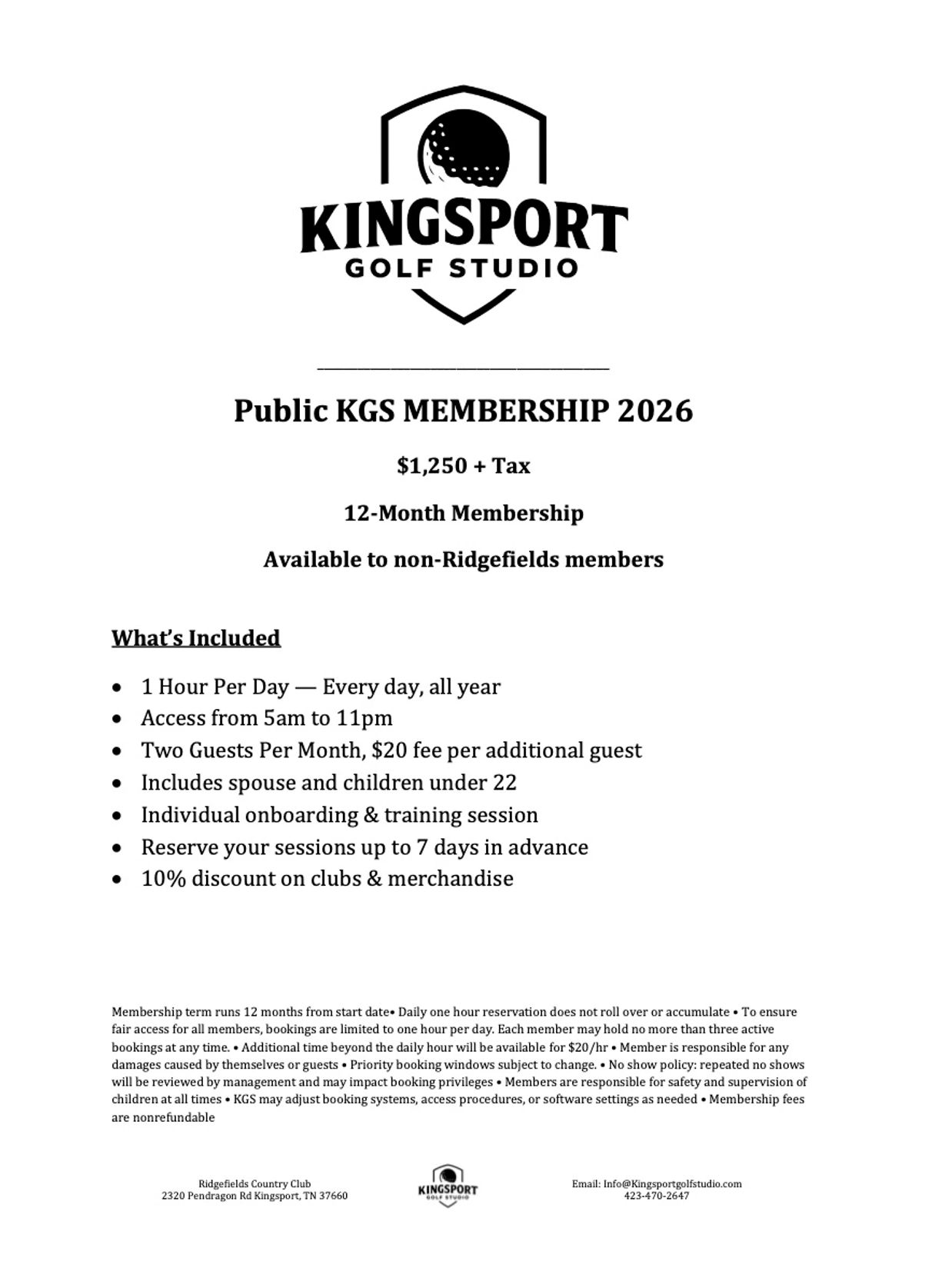 Kingsport Golf Studio 2026 public membership details and benefits.
