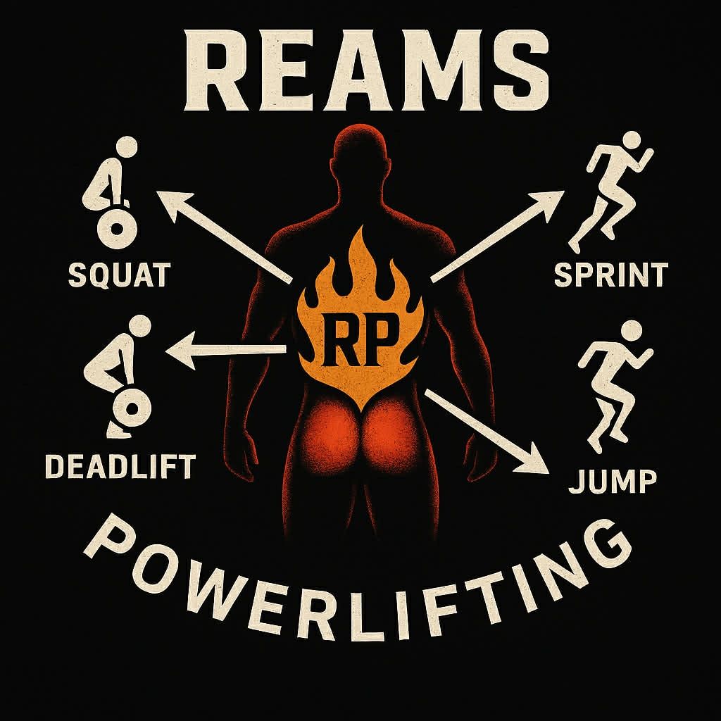 Illustration showing powerlifting exercises: squat, deadlift, sprint, and jump around a muscular figure.
