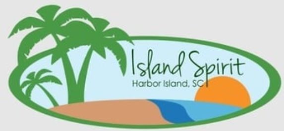 Logo with palm trees, sunset, and beach, reading 'Island Spirit Harbor Island, SC'.