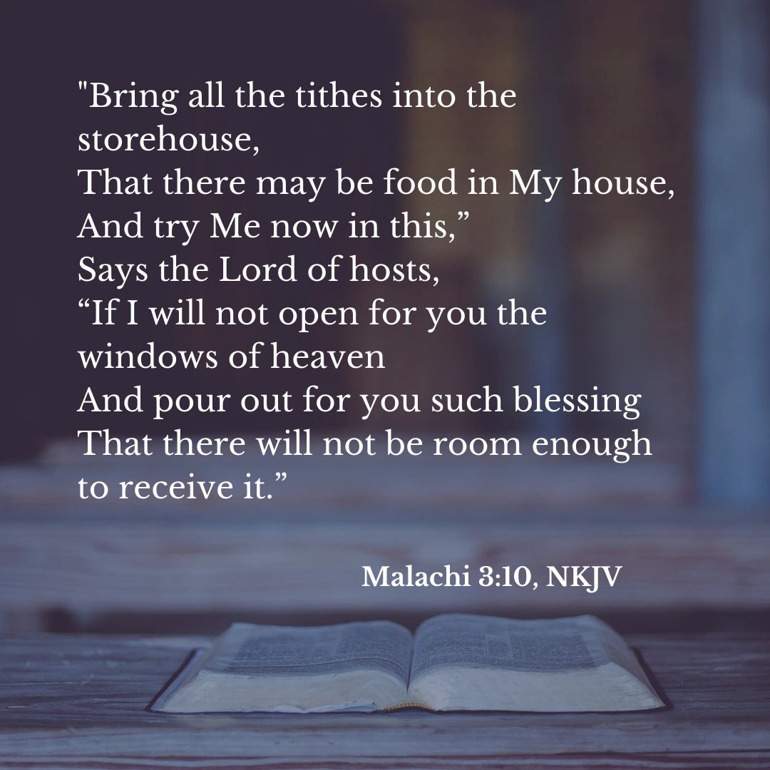 Bible verse Malachi 3:10 on tithing and blessings with an open Bible in the background.