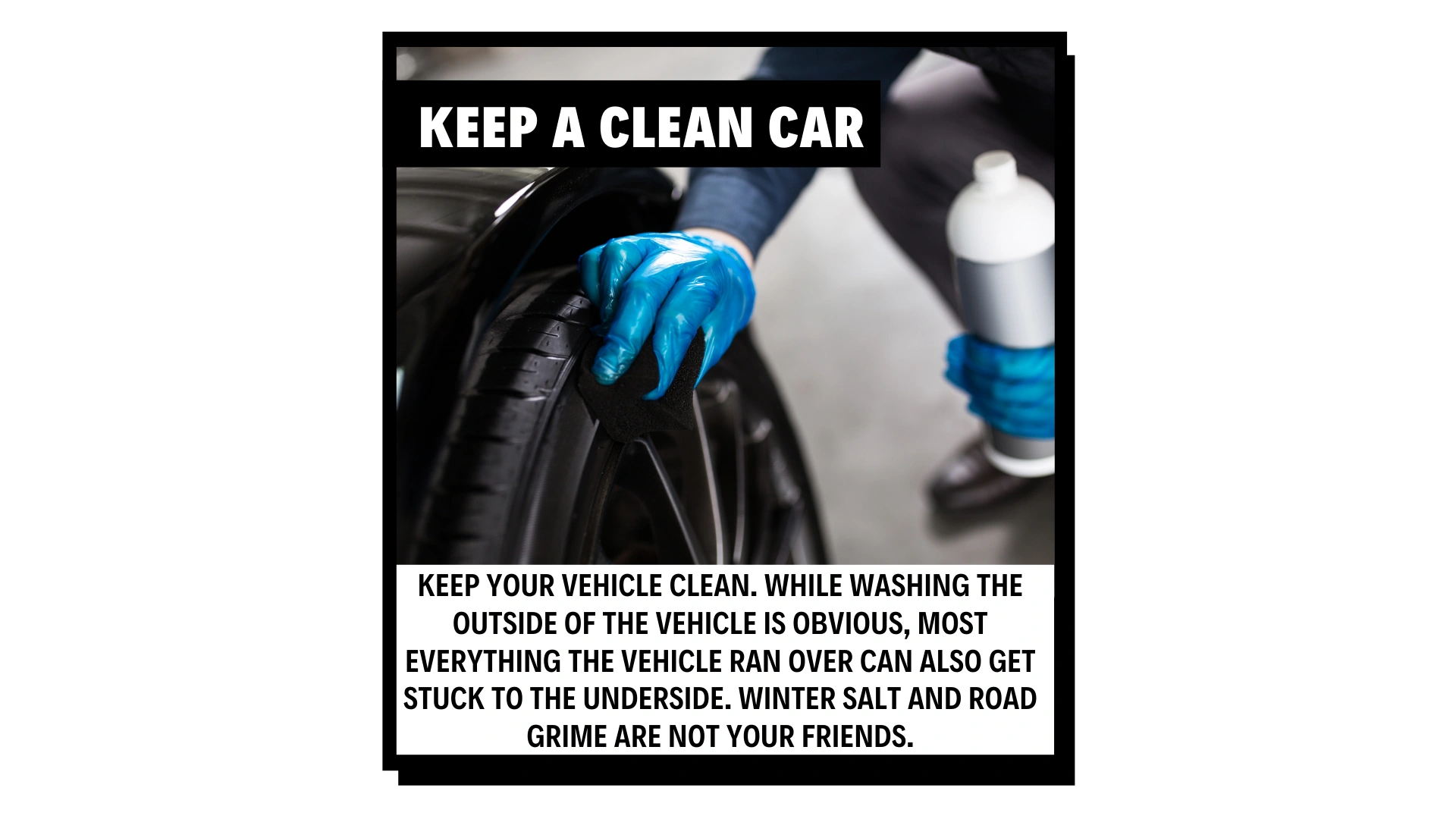 Person cleaning car tire with sponge and bottle.