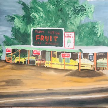 A painting of the original Simonian Fruit Stand in Fresno, CA 