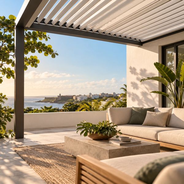 Terraza moderna con vista al mar y muebles cómodos.