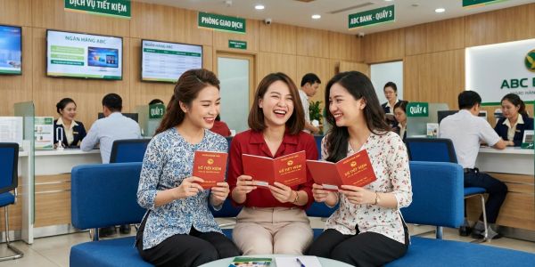 Ba phụ nữ cười với sổ tiết kiệm tại ngân hàng.