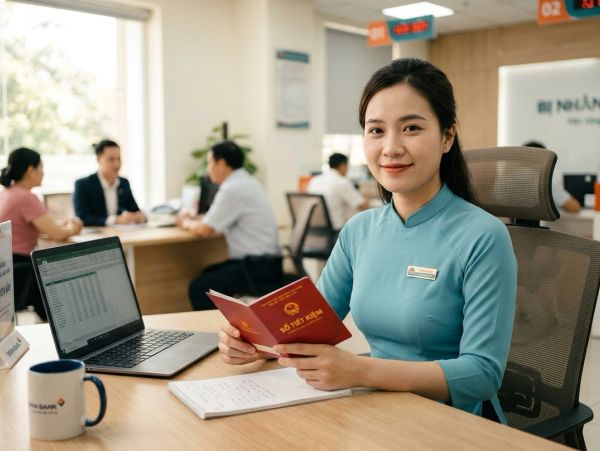 Nhân viên ngân hàng đang cầm sổ hộ khẩu và mỉm cười.