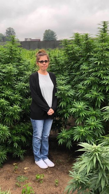 Woman standing in a lush green cannabis field on a cloudy day.
