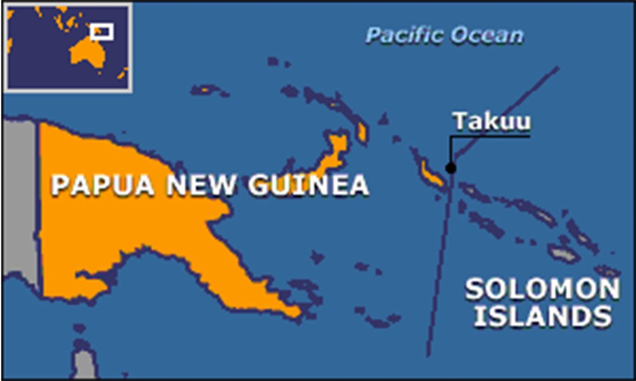 Map of Papua New Guinea and Solomon Islands showing the location of Takuu Atoll.
