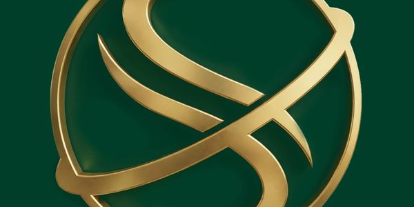 Elegant golden logo on a dark green background.