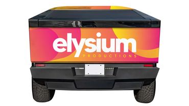 Custom business wrap for a Tesla Cybertruck. Cybertruck Vinyl Wrap
