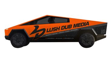 Cybertruck vinyl wrap for business, Lush Dub Media.
Custom business wrap for a Tesla Cybertruck.