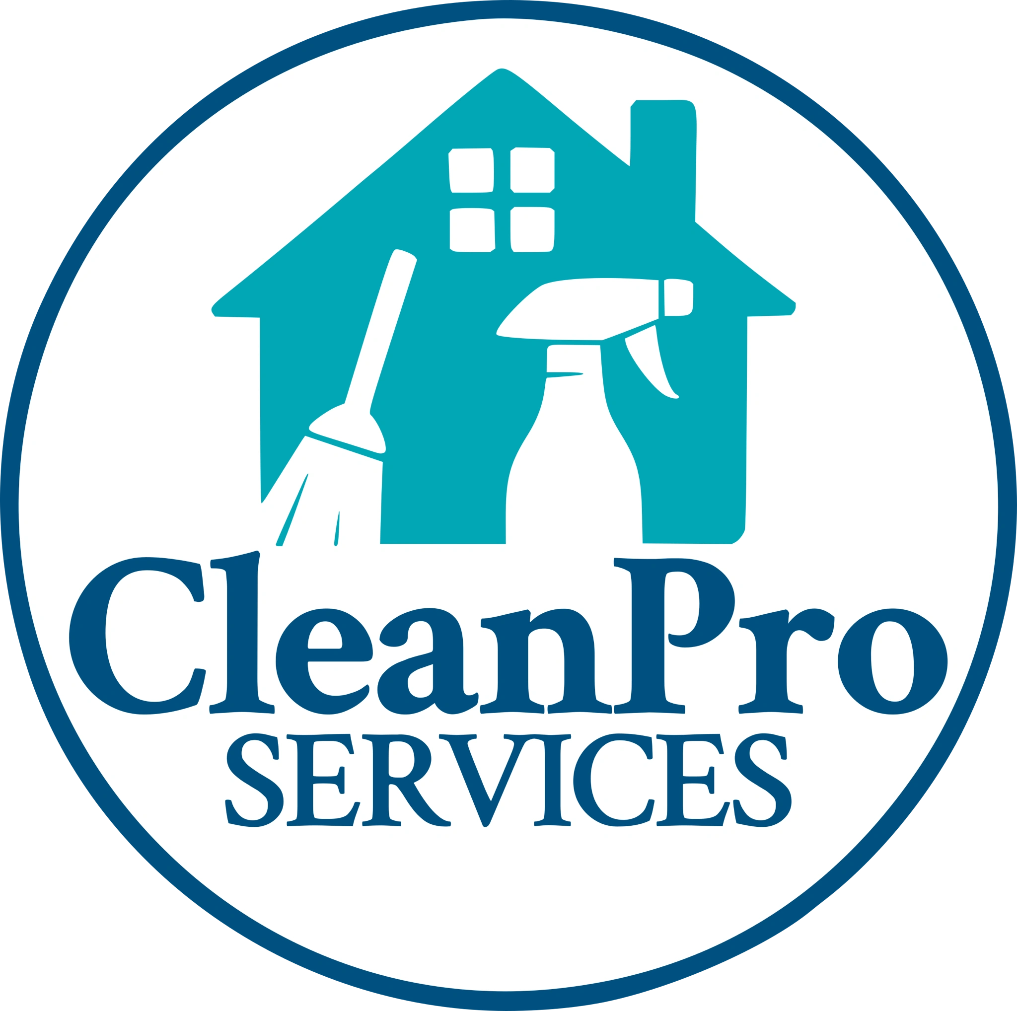 Logo for CleanPro Services with a house, broom, and spray bottle.