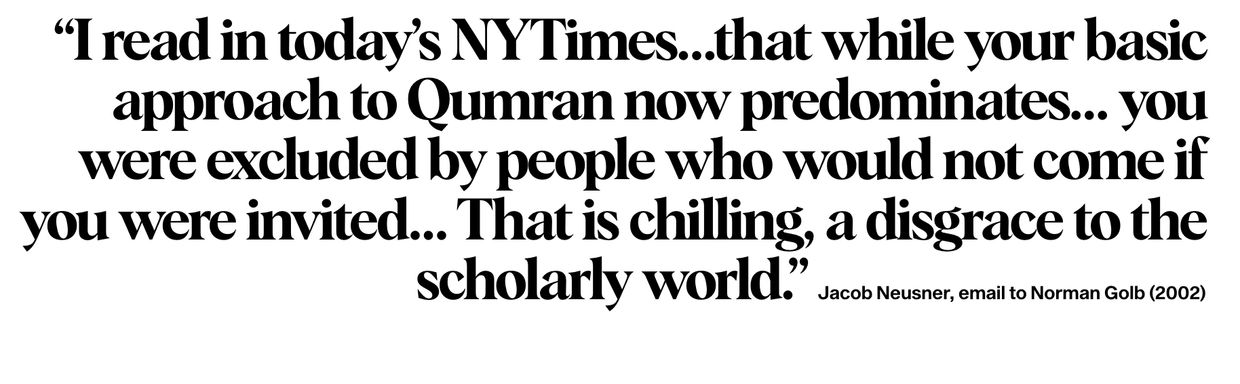Quote about exclusion and disgrace in scholarly world regarding Qumran research.