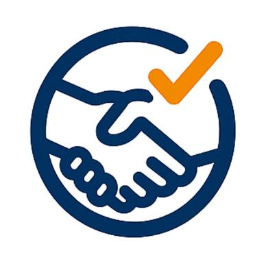 Blue handshake icon with an orange checkmark inside a circle.