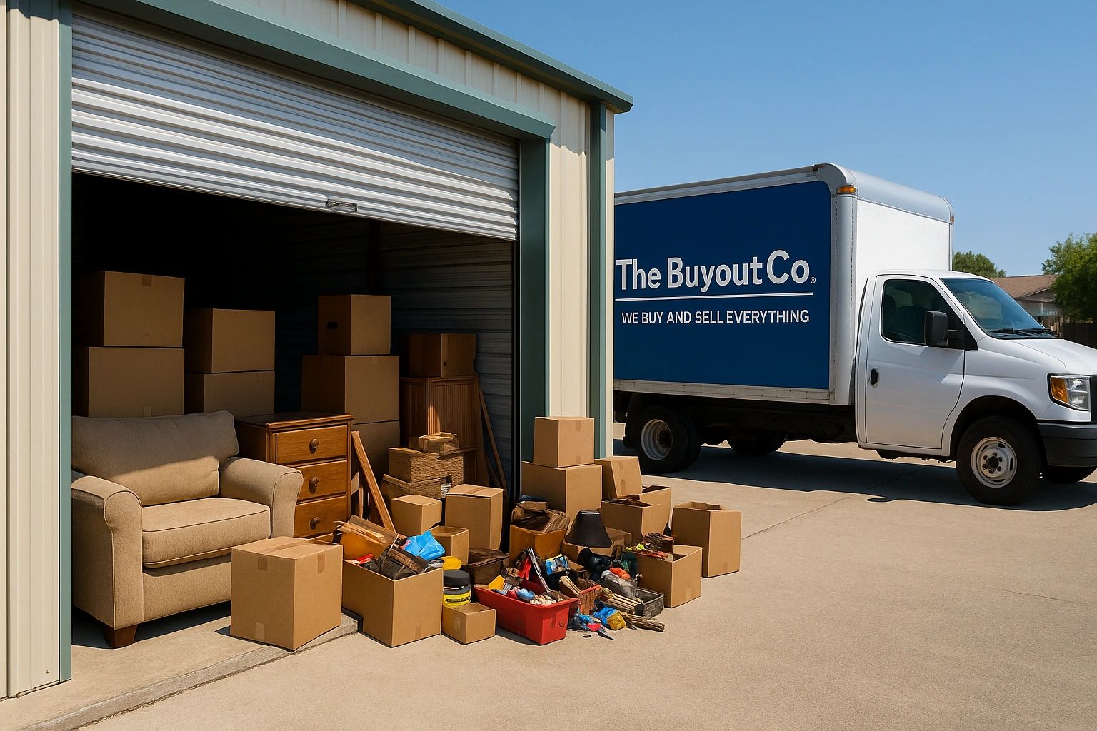 Storage unit with packed boxes and a moving truck labeled The Buyout Co.