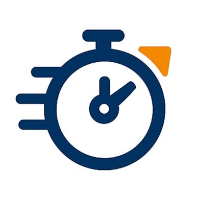 Stylized stopwatch icon with speed lines and an orange accent.