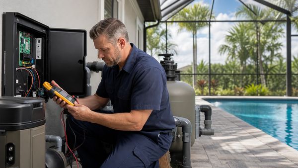 Pool repair technician diagnosing residential pool equipment in The Villages