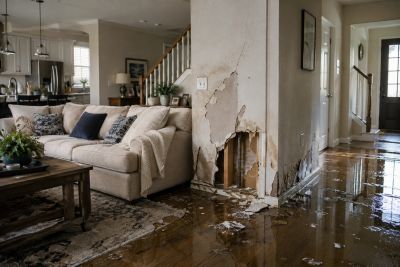 Living room with water damage and peeling wall.