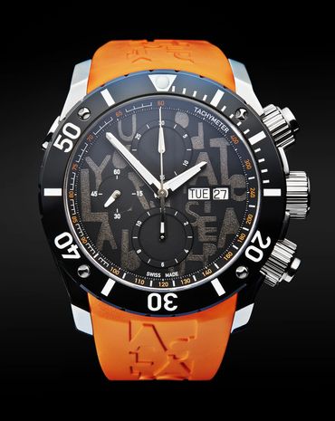 Close-up of a sporty wristwatch with an orange strap and black dial.