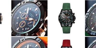 Colorful wristwatches with detailed close-ups.