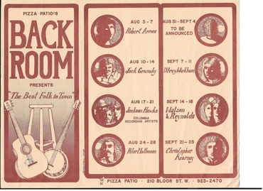 Program of performers from the Pizza Patio restaurant on Bloor St. Toronto