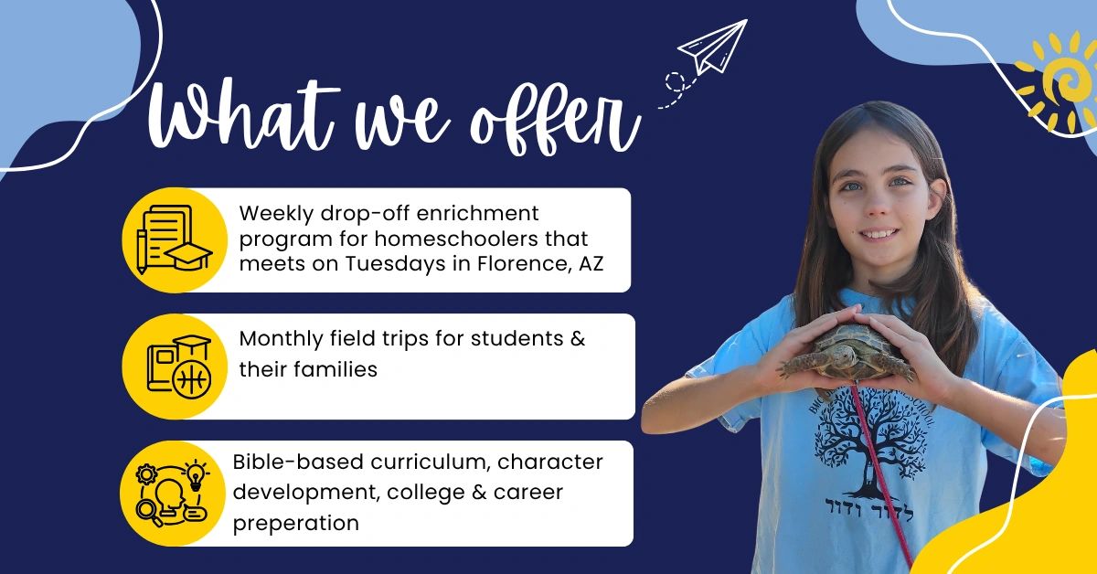 Educational program offering weekly enrichment, monthly field trips, and Bible-based curriculum for homeschoolers.