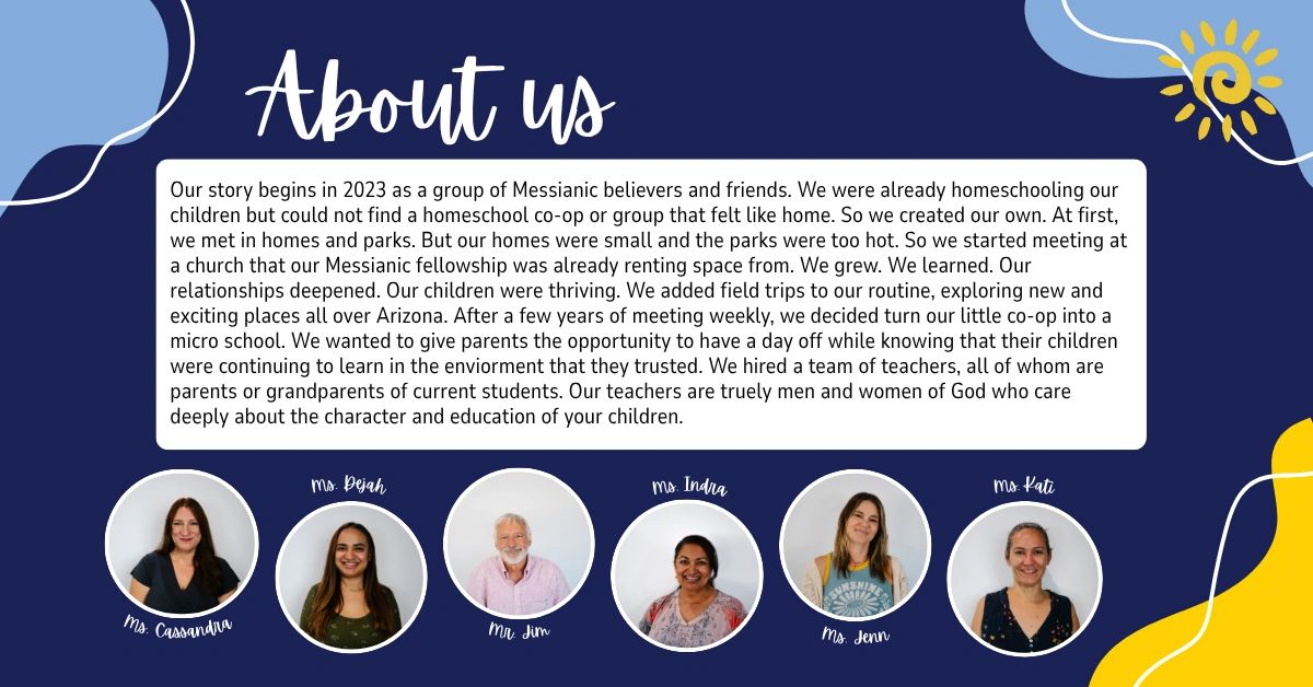 About us section describing a Messianic homeschooling group with photos of six teachers.